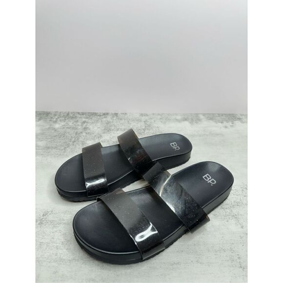 BP Sandals‎ Womens Size 7 Black Double Strap Open Toe Slip On Glittery Slides - Picture 3 of 9